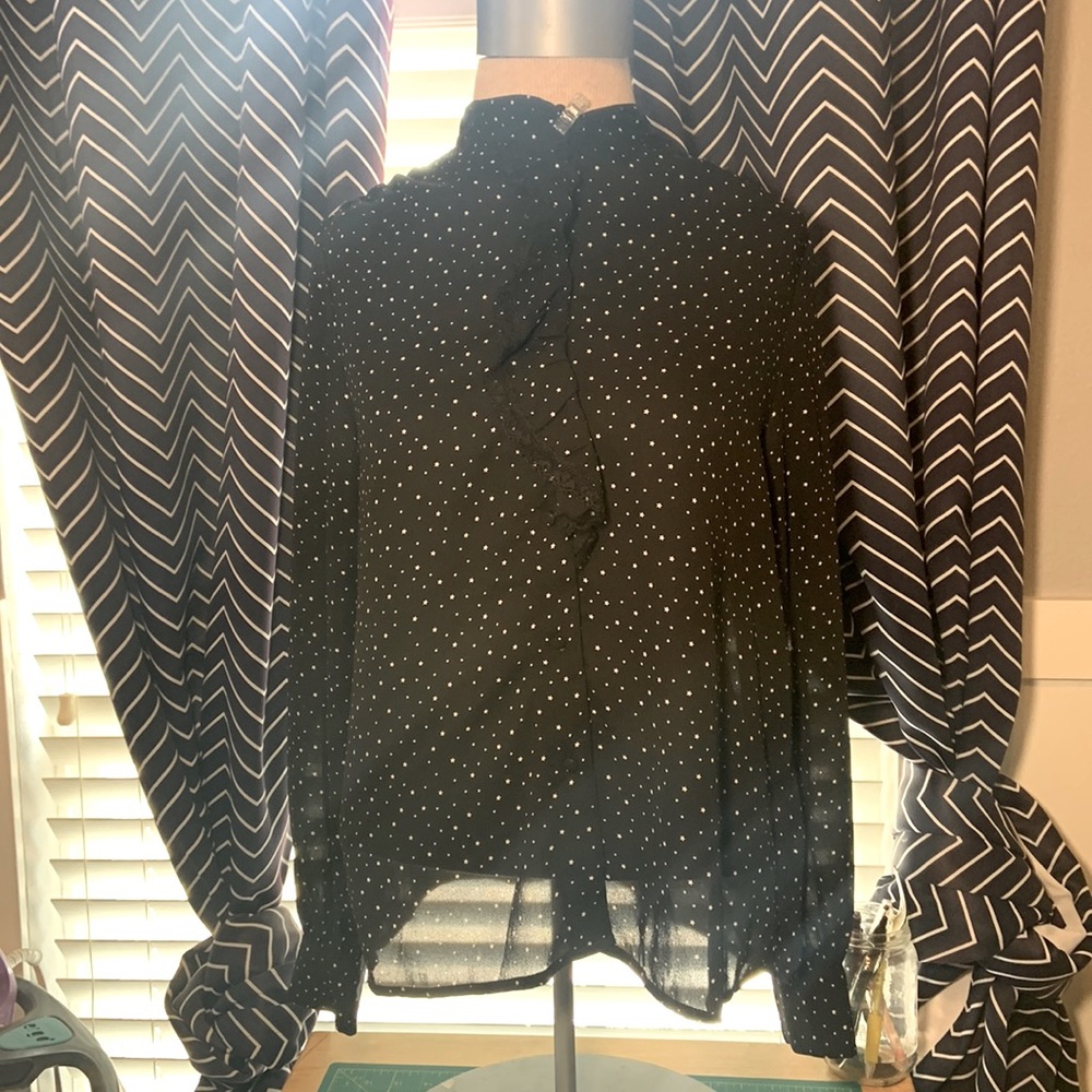 What Not to Wear Black Ruffled Button-Up Shirt with Stars | Used, Small